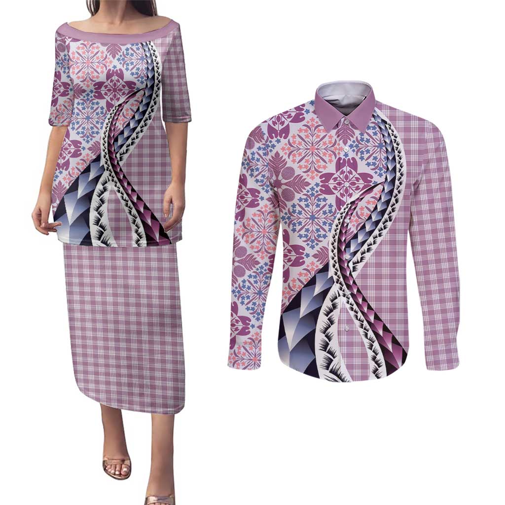 Aloha Vintage Palaka Floral Hawaiian Quilt Couples Matching Puletasi and Long Sleeve Button Shirt Akala Motif LT9 Pink - Polynesian Pride
