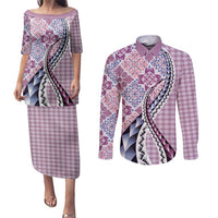 Aloha Vintage Palaka Floral Hawaiian Quilt Couples Matching Puletasi and Long Sleeve Button Shirt Akala Motif LT9 Pink - Polynesian Pride