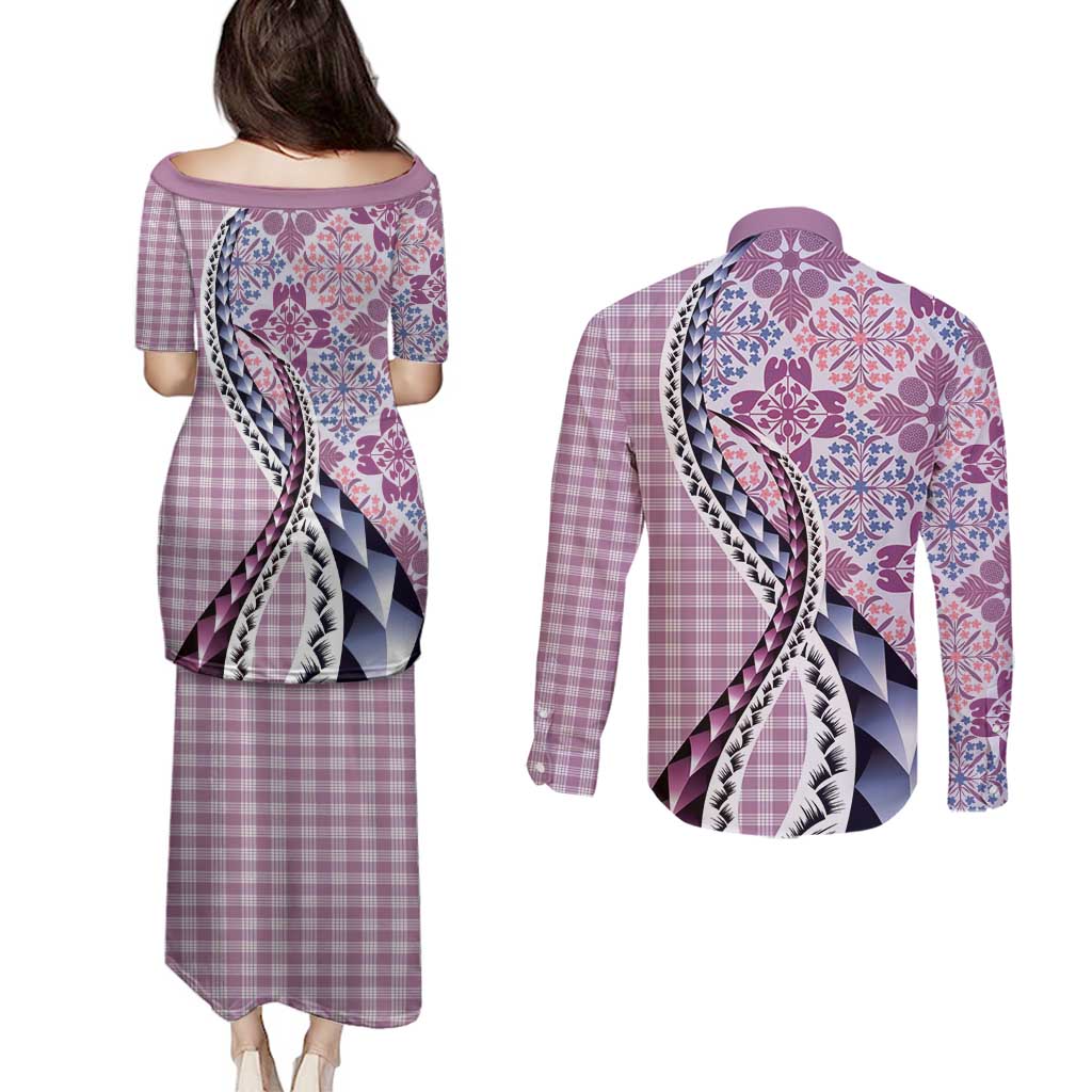 Aloha Vintage Palaka Floral Hawaiian Quilt Couples Matching Puletasi and Long Sleeve Button Shirt Akala Motif LT9 - Polynesian Pride
