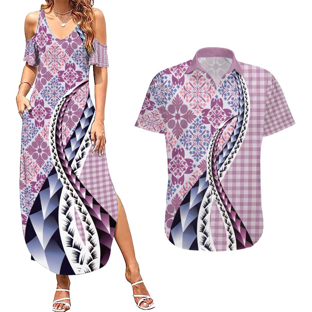 Aloha Vintage Palaka Floral Hawaiian Quilt Couples Matching Summer Maxi Dress and Hawaiian Shirt Akala Motif LT9 Pink - Polynesian Pride