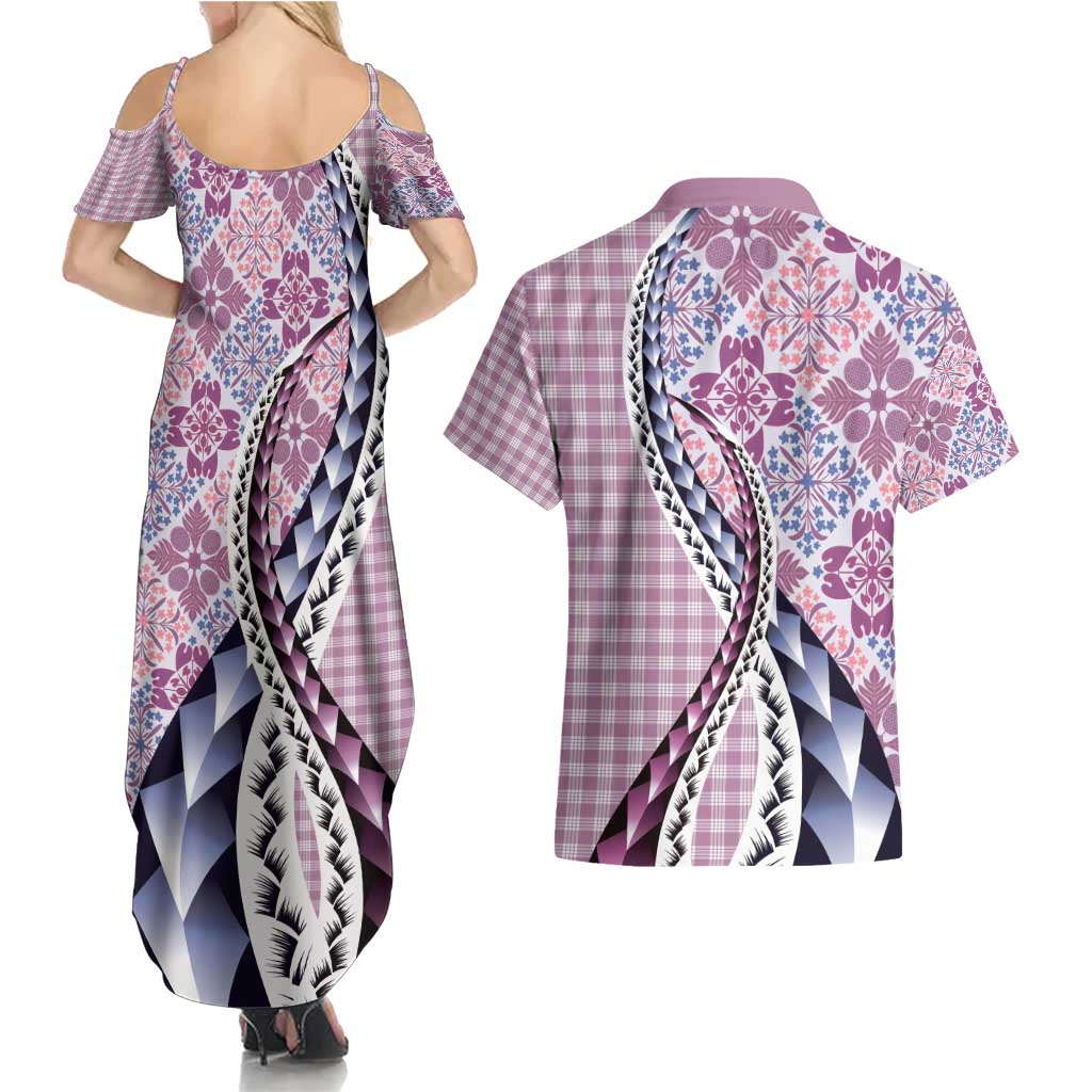 Aloha Vintage Palaka Floral Hawaiian Quilt Couples Matching Summer Maxi Dress and Hawaiian Shirt Akala Motif LT9 - Polynesian Pride