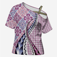Aloha Vintage Palaka Floral Hawaiian Quilt Cross Shoulder Shirt Akala Motif LT9 Female Pink - Polynesian Pride
