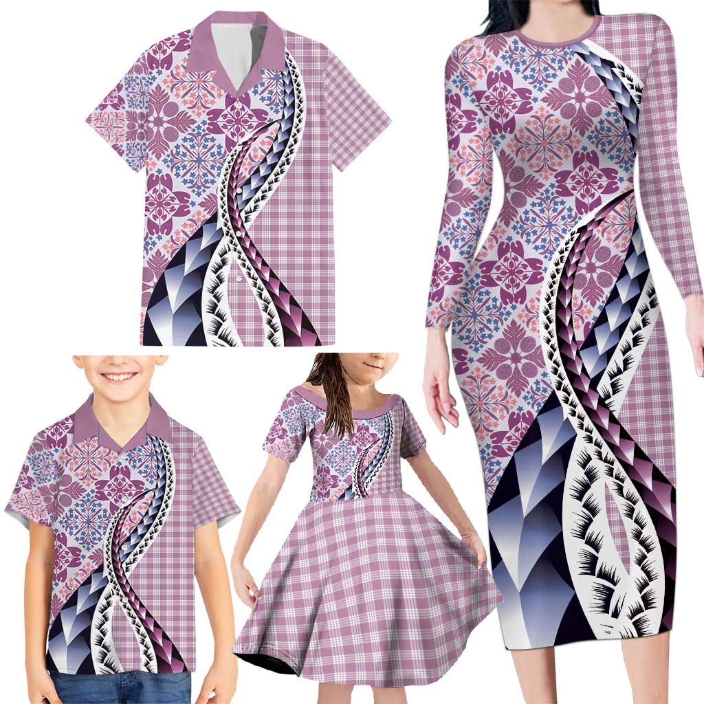Aloha Vintage Palaka Floral Hawaiian Quilt Family Matching Long Sleeve Bodycon Dress and Hawaiian Shirt Akala Motif LT9 - Polynesian Pride