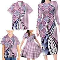 Aloha Vintage Palaka Floral Hawaiian Quilt Family Matching Long Sleeve Bodycon Dress and Hawaiian Shirt Akala Motif LT9 - Polynesian Pride