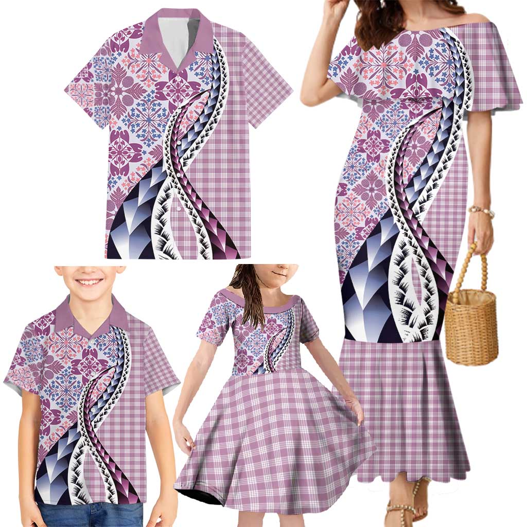 Aloha Vintage Palaka Floral Hawaiian Quilt Family Matching Mermaid Dress and Hawaiian Shirt Akala Motif - Polynesian Pride