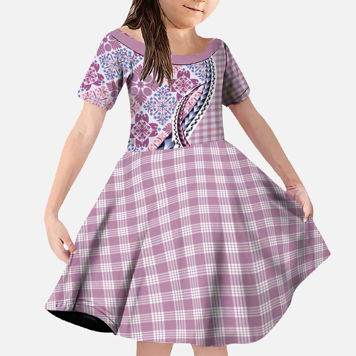 Aloha Vintage Palaka Floral Hawaiian Quilt Family Matching Off The Shoulder Long Sleeve Dress and Hawaiian Shirt Akala Motif LT9 Daughter's Dress Pink - Polynesian Pride