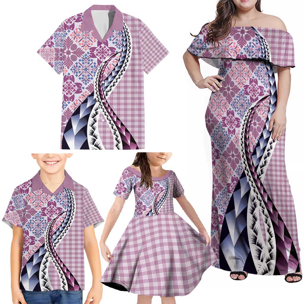 Aloha Vintage Palaka Floral Hawaiian Quilt Family Matching Off Shoulder Maxi Dress and Hawaiian Shirt Akala Motif LT9 - Polynesian Pride