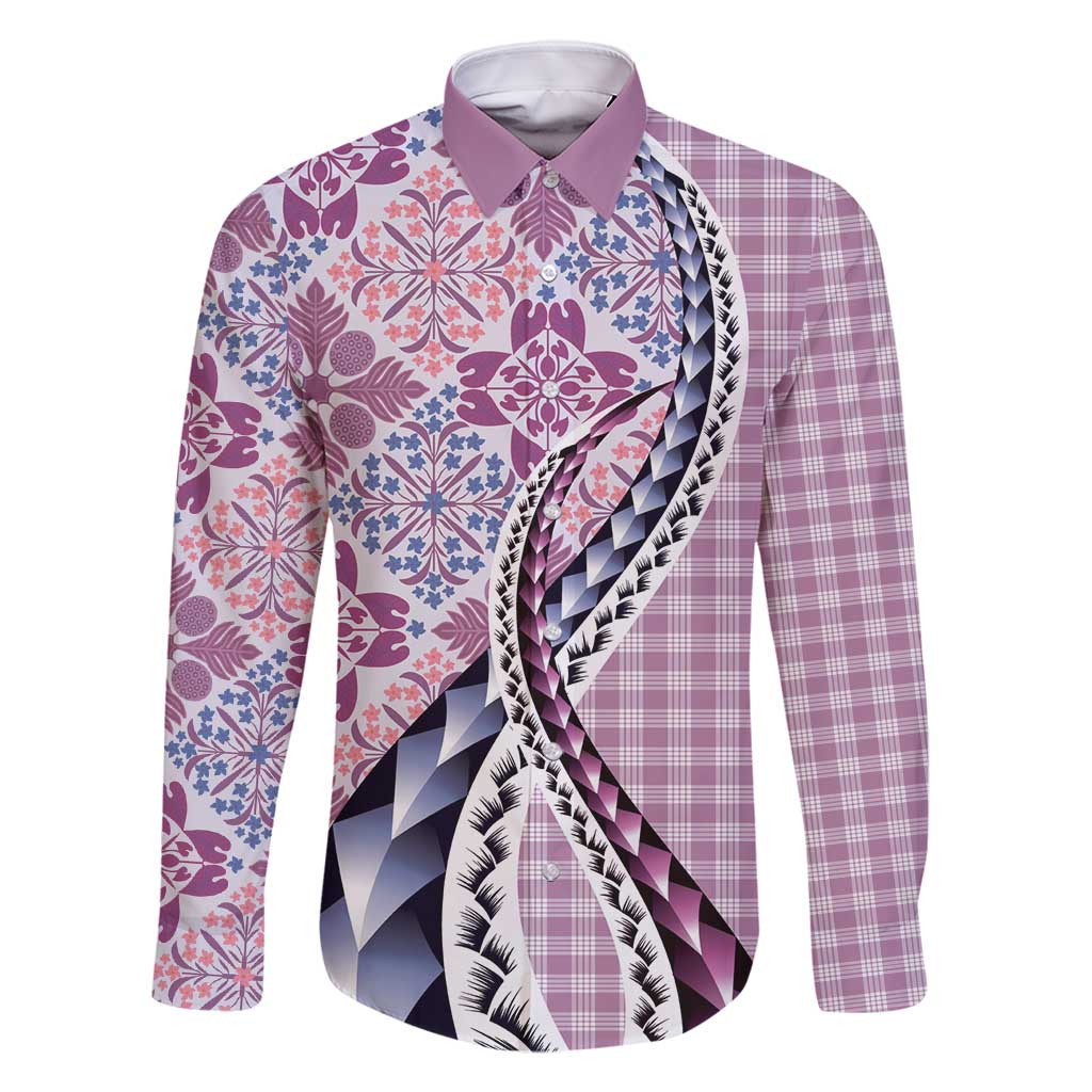 Aloha Vintage Palaka Floral Hawaiian Quilt Family Matching Off Shoulder Maxi Dress and Hawaiian Shirt Akala Motif LT9 Dad's Shirt - Long Sleeve Pink - Polynesian Pride