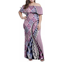 Aloha Vintage Palaka Floral Hawaiian Quilt Family Matching Off Shoulder Maxi Dress and Hawaiian Shirt Akala Motif LT9 Mom's Dress Pink - Polynesian Pride