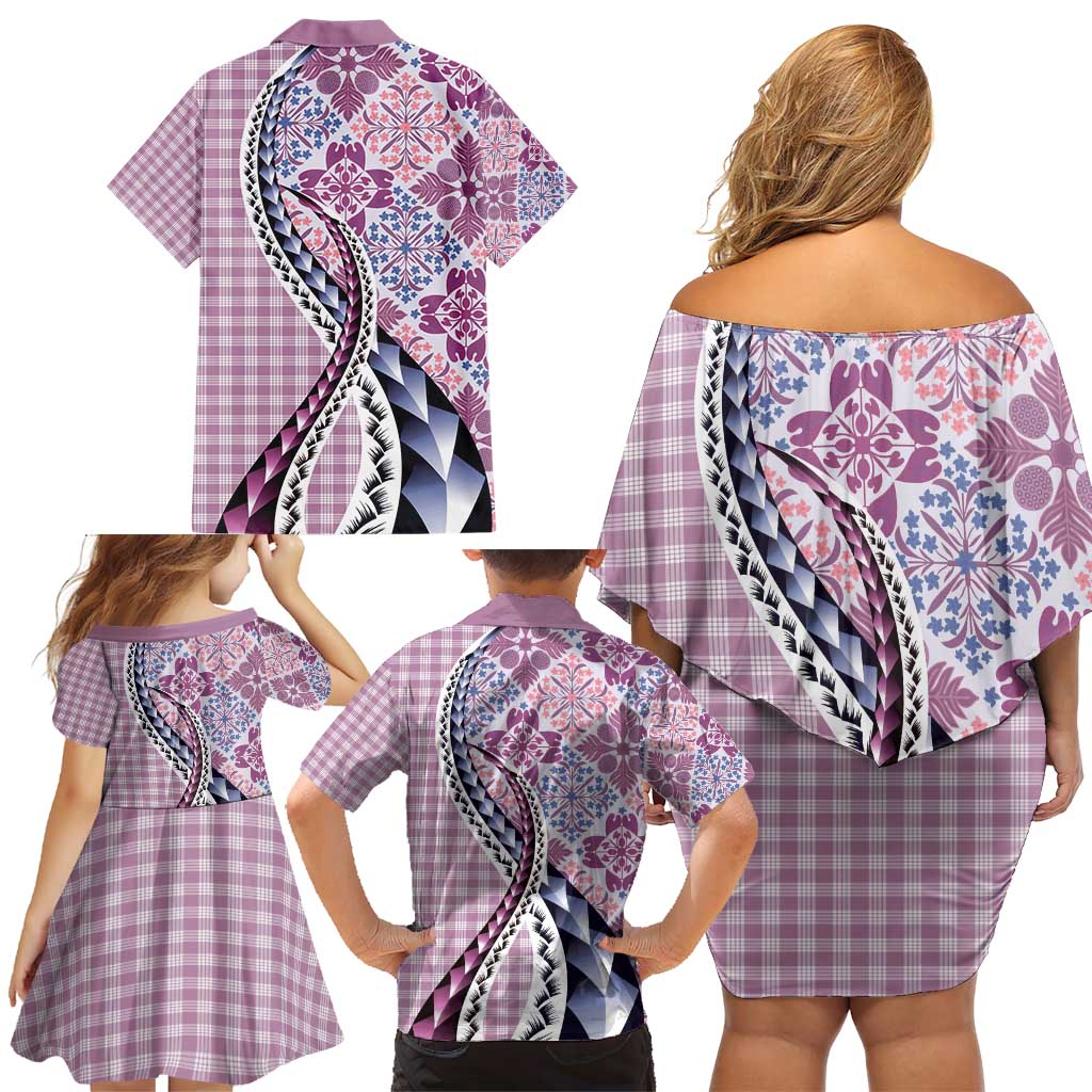 Aloha Vintage Palaka Floral Hawaiian Quilt Family Matching Off Shoulder Short Dress and Hawaiian Shirt Akala Motif LT9 - Polynesian Pride