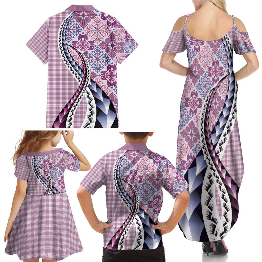 Aloha Vintage Palaka Floral Hawaiian Quilt Family Matching Summer Maxi Dress and Hawaiian Shirt Akala Motif LT9 - Polynesian Pride