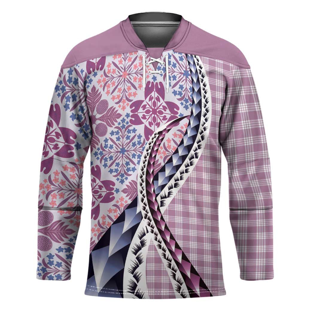 Aloha Vintage Palaka Floral Hawaiian Quilt Hockey Jersey Akala Motif LT9 Unisex Pink - Polynesian Pride