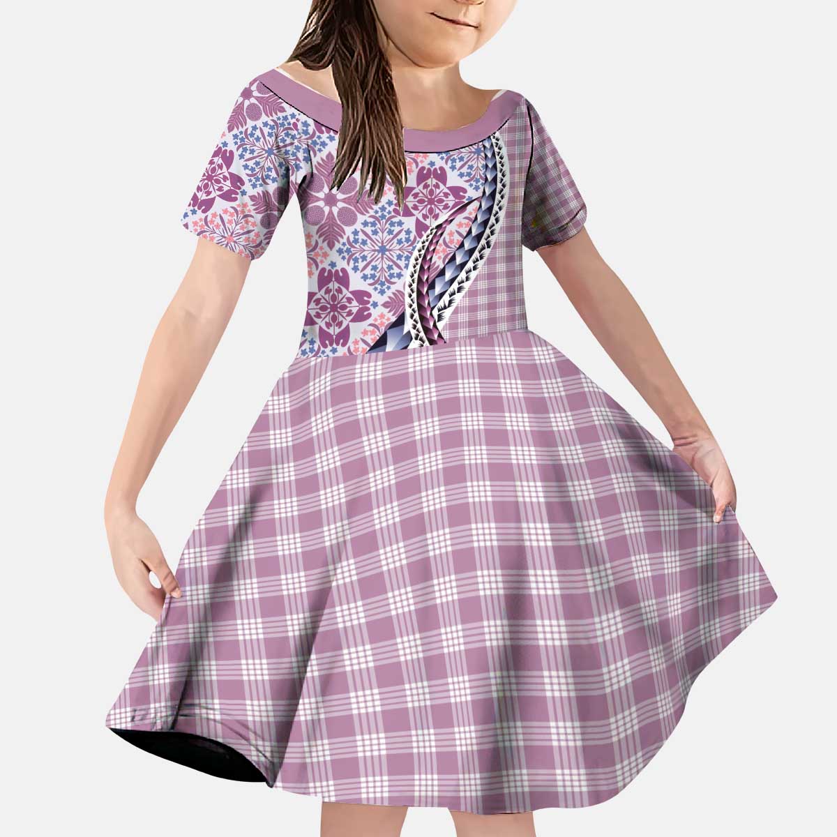 Aloha Vintage Palaka Floral Hawaiian Quilt Kid Short Sleeve Dress Akala Motif LT9 KID Pink - Polynesian Pride