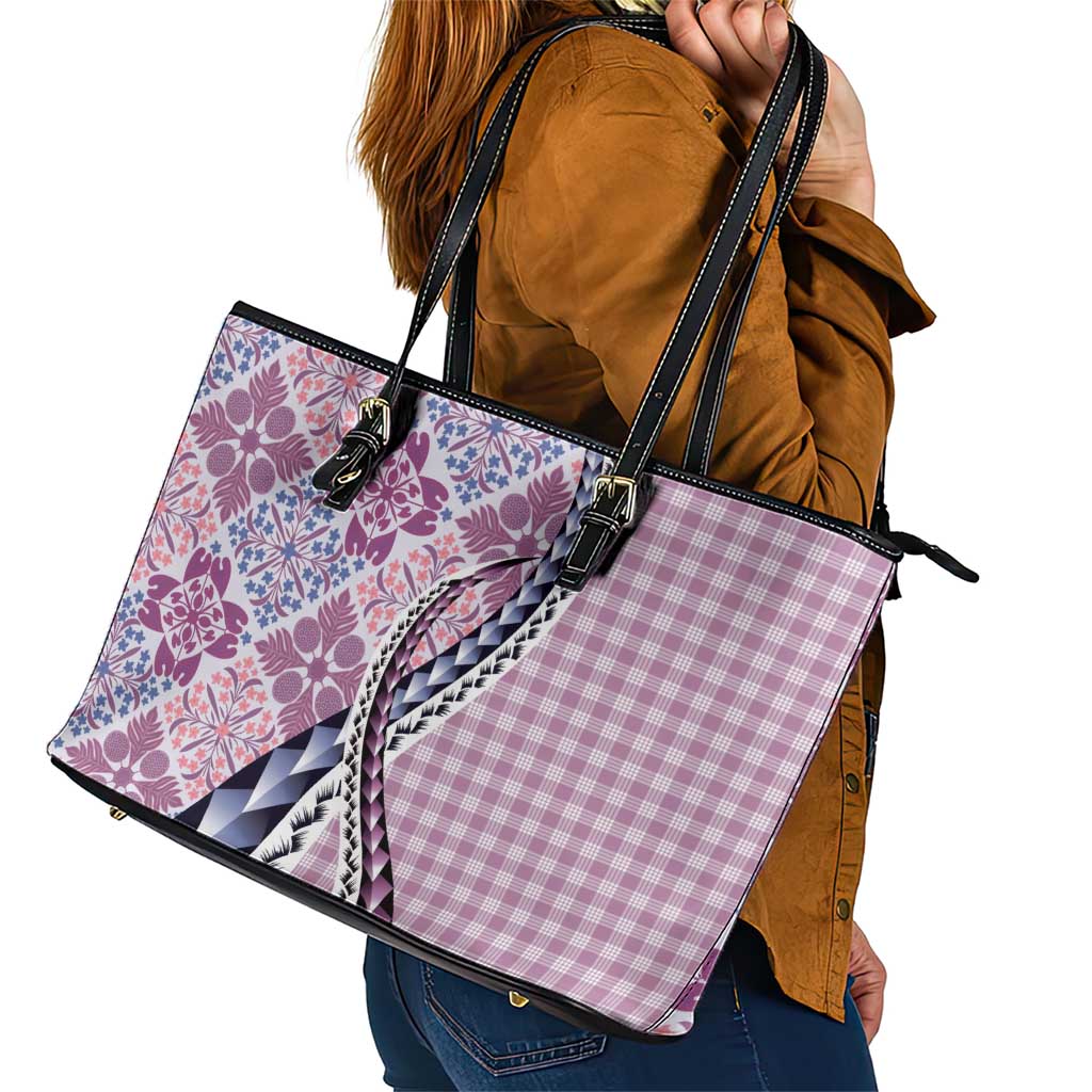 Aloha Vintage Palaka Floral Hawaiian Quilt Leather Tote Bag Akala Motif - Polynesian Pride