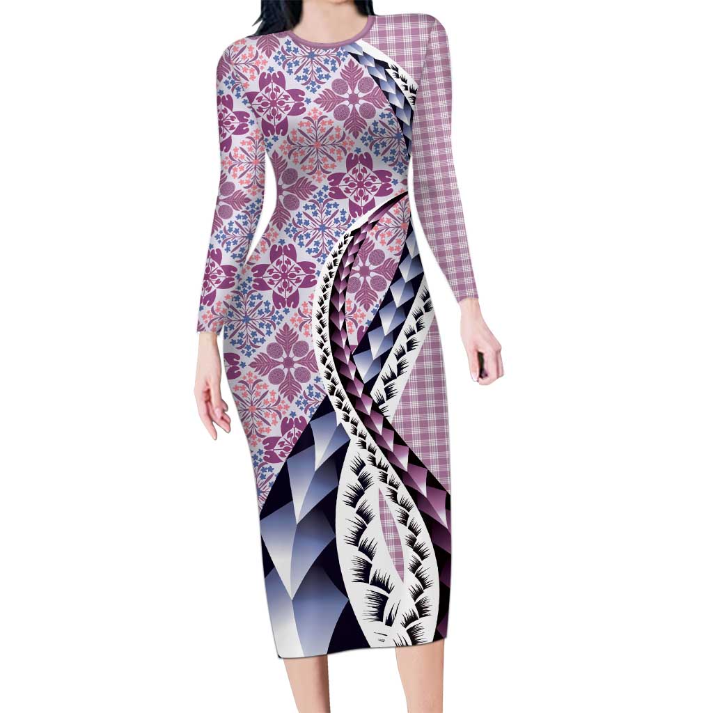 Aloha Vintage Palaka Floral Hawaiian Quilt Long Sleeve Bodycon Dress Akala Motif LT9 Long Dress Pink - Polynesian Pride