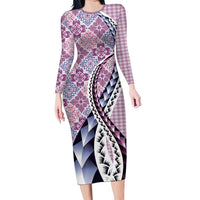 Aloha Vintage Palaka Floral Hawaiian Quilt Long Sleeve Bodycon Dress Akala Motif LT9 Long Dress Pink - Polynesian Pride