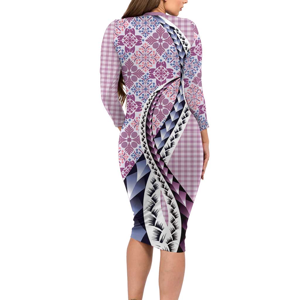Aloha Vintage Palaka Floral Hawaiian Quilt Long Sleeve Bodycon Dress Akala Motif LT9 - Polynesian Pride