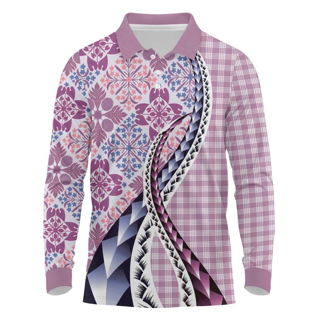 Aloha Vintage Palaka Floral Hawaiian Quilt Long Sleeve Polo Shirt Akala Motif LT9 Pink - Polynesian Pride