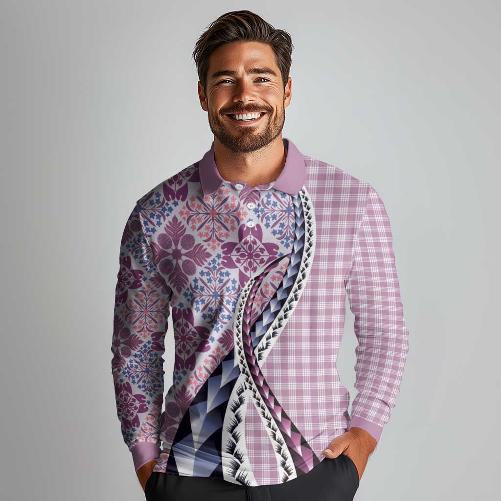 Aloha Vintage Palaka Floral Hawaiian Quilt Long Sleeve Polo Shirt Akala Motif LT9 - Polynesian Pride