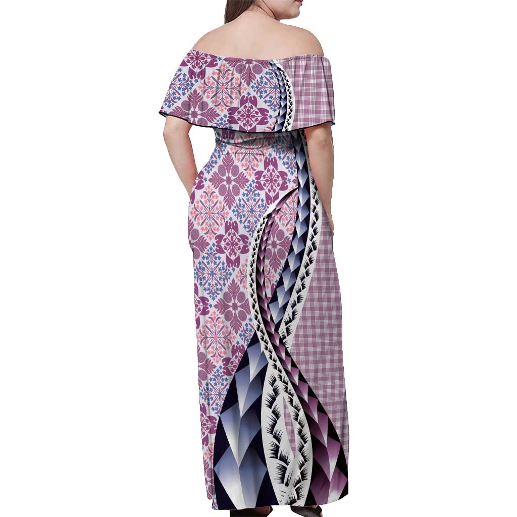 Aloha Vintage Palaka Floral Hawaiian Quilt Off Shoulder Maxi Dress Akala Motif LT9 - Polynesian Pride