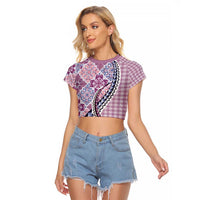 Aloha Vintage Palaka Floral Hawaiian Quilt Raglan Cropped T Shirt Akala Motif LT9 Female Pink - Polynesian Pride