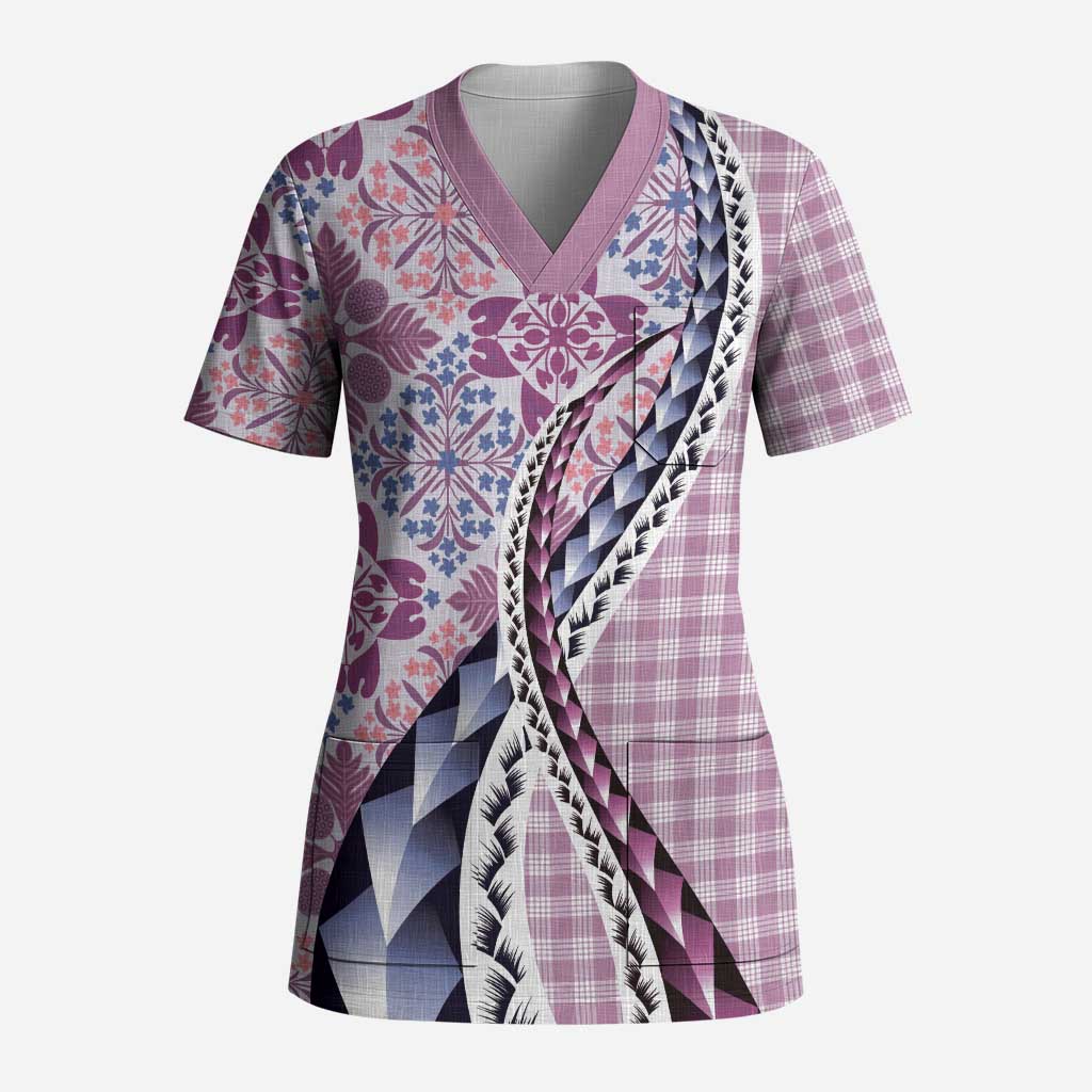 Aloha Vintage Palaka Floral Hawaiian Quilt Scrub Top Akala Motif LT9 Adult Pink - Polynesian Pride