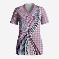 Aloha Vintage Palaka Floral Hawaiian Quilt Scrub Top Akala Motif LT9 Adult Pink - Polynesian Pride