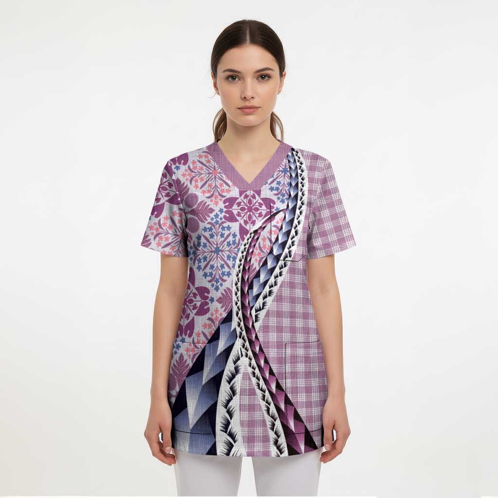 Aloha Vintage Palaka Floral Hawaiian Quilt Scrub Top Akala Motif LT9 - Polynesian Pride