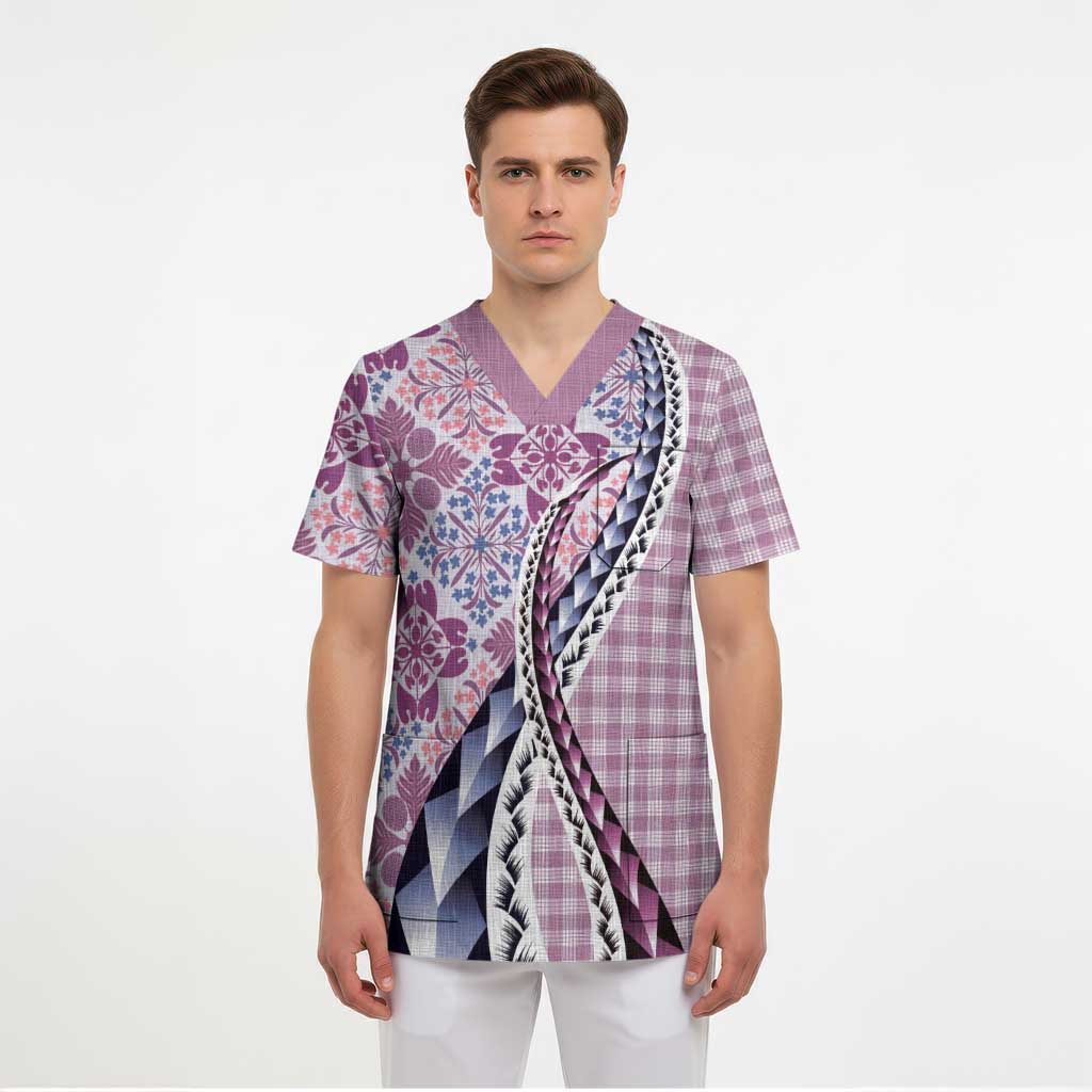 Aloha Vintage Palaka Floral Hawaiian Quilt Scrub Top Akala Motif LT9 - Polynesian Pride