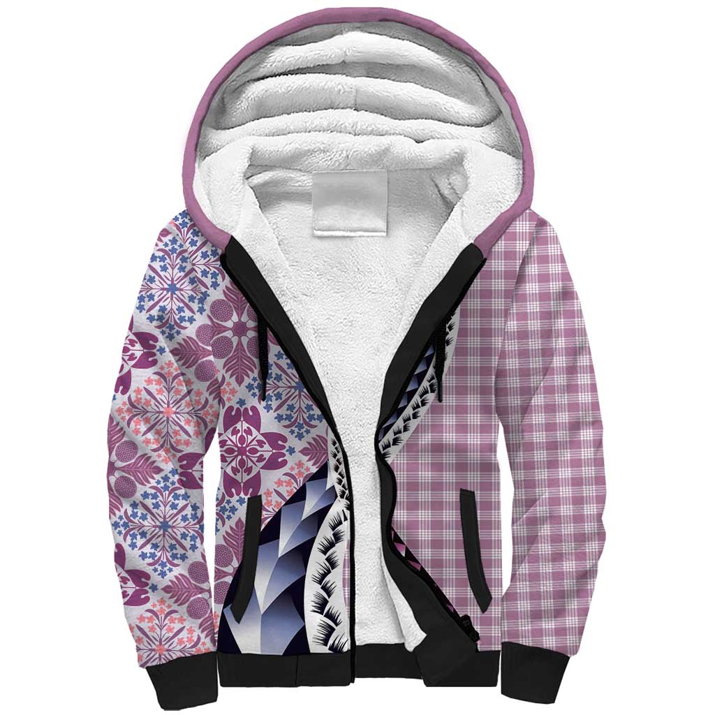 Aloha Vintage Palaka Floral Hawaiian Quilt Sherpa Hoodie Akala Motif LT9 Unisex Pink - Polynesian Pride