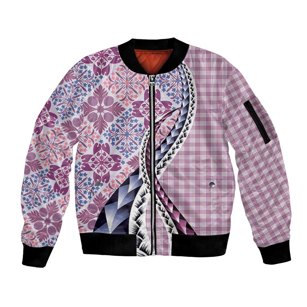 Aloha Vintage Palaka Floral Hawaiian Quilt Sleeve Zip Bomber Jacket Akala Motif - Polynesian Pride