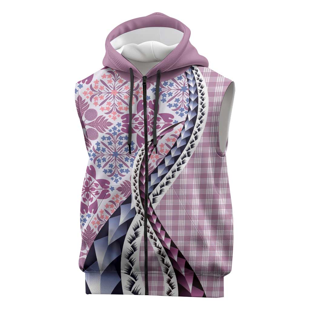 Aloha Vintage Palaka Floral Hawaiian Quilt Sleeveless Zip Hoodie Akala Motif LT9 Pink - Polynesian Pride