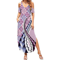 Aloha Vintage Palaka Floral Hawaiian Quilt Summer Maxi Dress Akala Motif LT9 Women Pink - Polynesian Pride