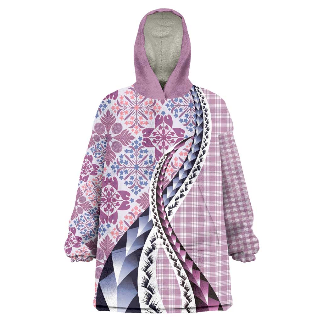 Aloha Vintage Palaka Floral Hawaiian Quilt Wearable Blanket Hoodie Akala Motif LT9 One Size Pink - Polynesian Pride
