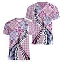 Aloha Vintage Palaka Floral Hawaiian Quilt Women V-Neck T-Shirt Akala Motif LT9 - Polynesian Pride