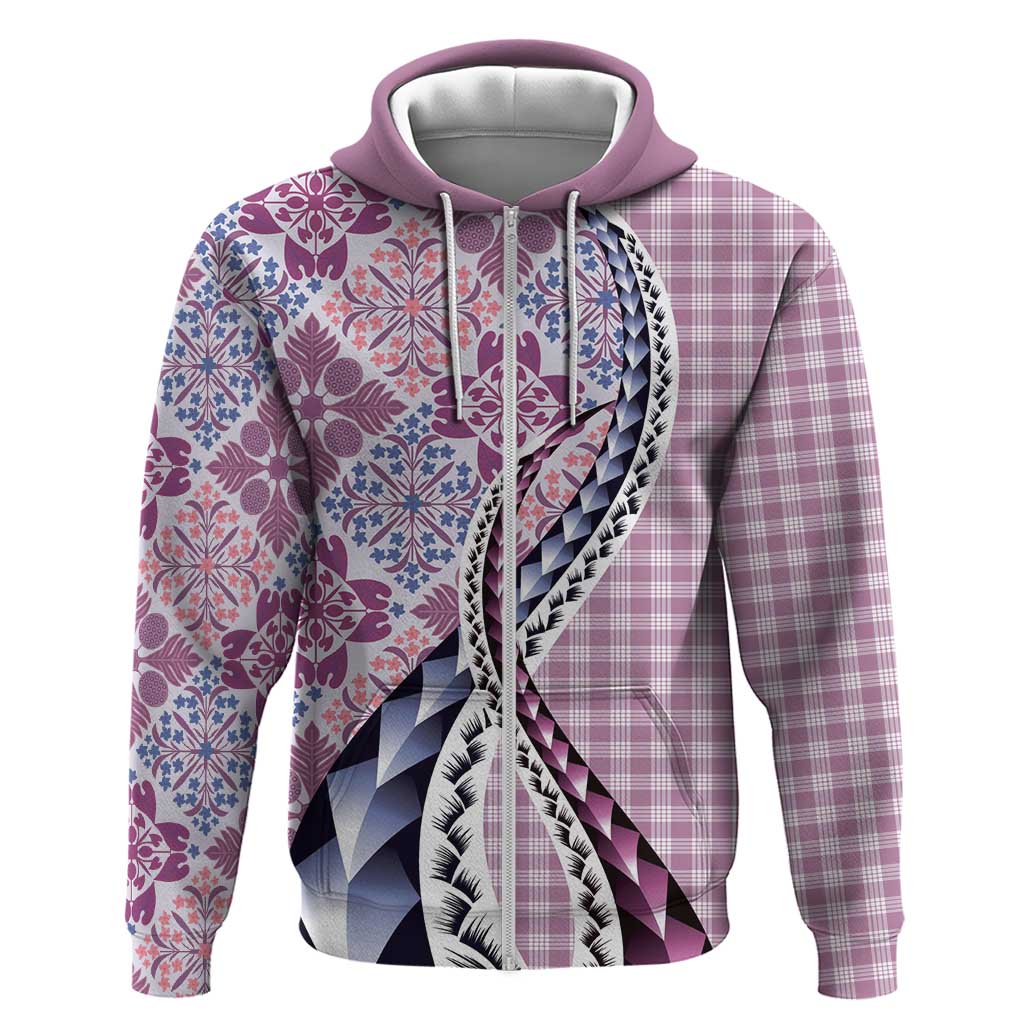 Aloha Vintage Palaka Floral Hawaiian Quilt Zip Hoodie Akala Motif LT9 Zip Hoodie Pink - Polynesian Pride