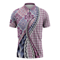 Aloha Vintage Palaka Floral Hawaiian Quilt Zipper Polo Shirt Akala Motif LT9 Pink - Polynesian Pride