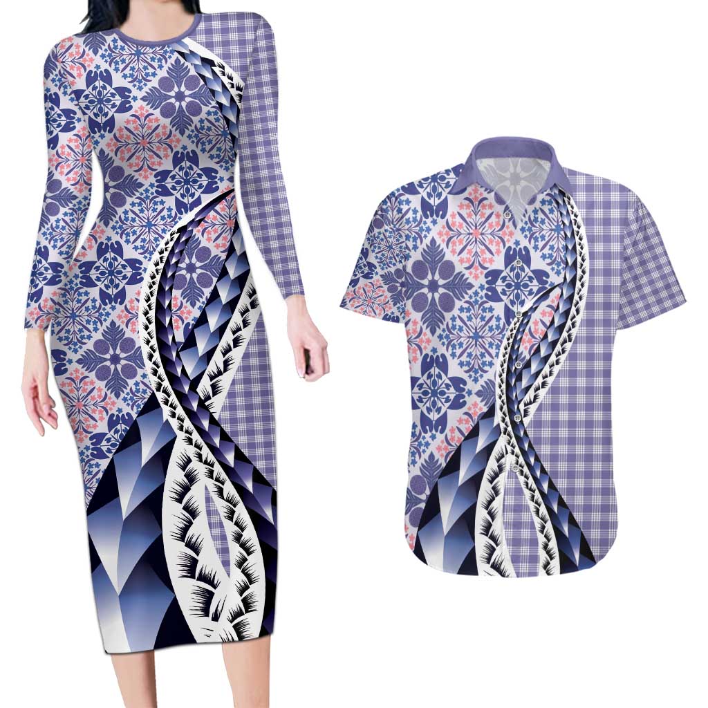 Aloha Vintage Palaka Floral Hawaiian Quilt Couples Matching Long Sleeve Bodycon Dress and Hawaiian Shirt Poni Motif LT9 Purple - Polynesian Pride