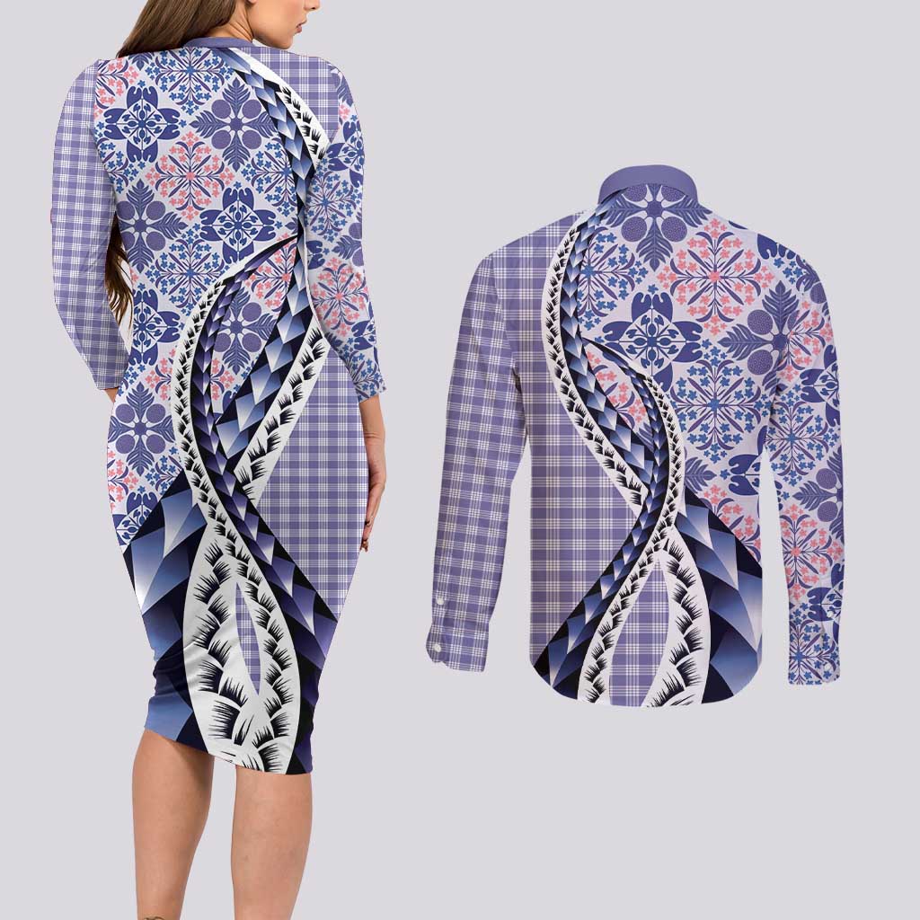 Aloha Vintage Palaka Floral Hawaiian Quilt Couples Matching Long Sleeve Bodycon Dress and Long Sleeve Button Shirt Poni Motif LT9 - Polynesian Pride