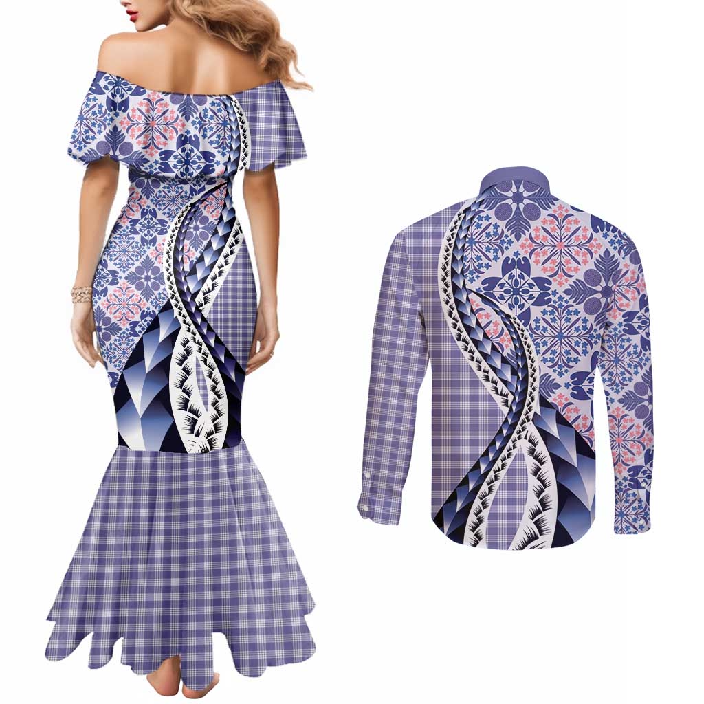 Aloha Vintage Palaka Floral Hawaiian Quilt Couples Matching Mermaid Dress and Long Sleeve Button Shirt Poni Motif LT9 - Polynesian Pride