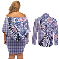 Aloha Vintage Palaka Floral Hawaiian Quilt Couples Matching Off Shoulder Short Dress and Long Sleeve Button Shirt Poni Motif LT9 - Polynesian Pride
