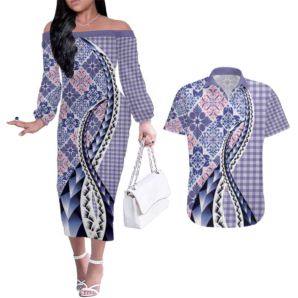 Aloha Vintage Palaka Floral Hawaiian Quilt Couples Matching Off The Shoulder Long Sleeve Dress and Hawaiian Shirt Poni Motif LT9 Purple - Polynesian Pride