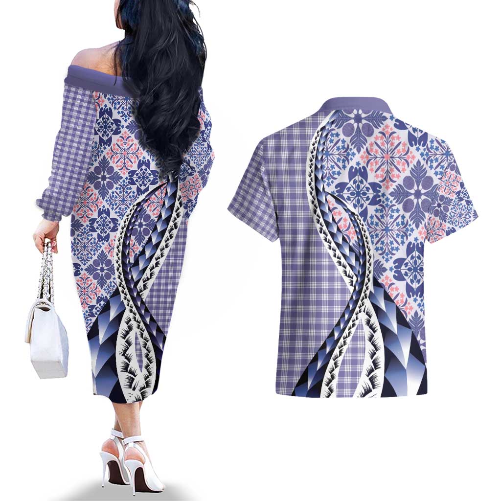 Aloha Vintage Palaka Floral Hawaiian Quilt Couples Matching Off The Shoulder Long Sleeve Dress and Hawaiian Shirt Poni Motif LT9 - Polynesian Pride