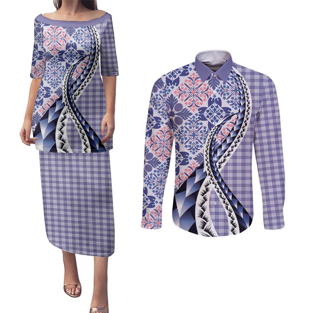 Aloha Vintage Palaka Floral Hawaiian Quilt Couples Matching Puletasi and Long Sleeve Button Shirt Poni Motif LT9 Purple - Polynesian Pride