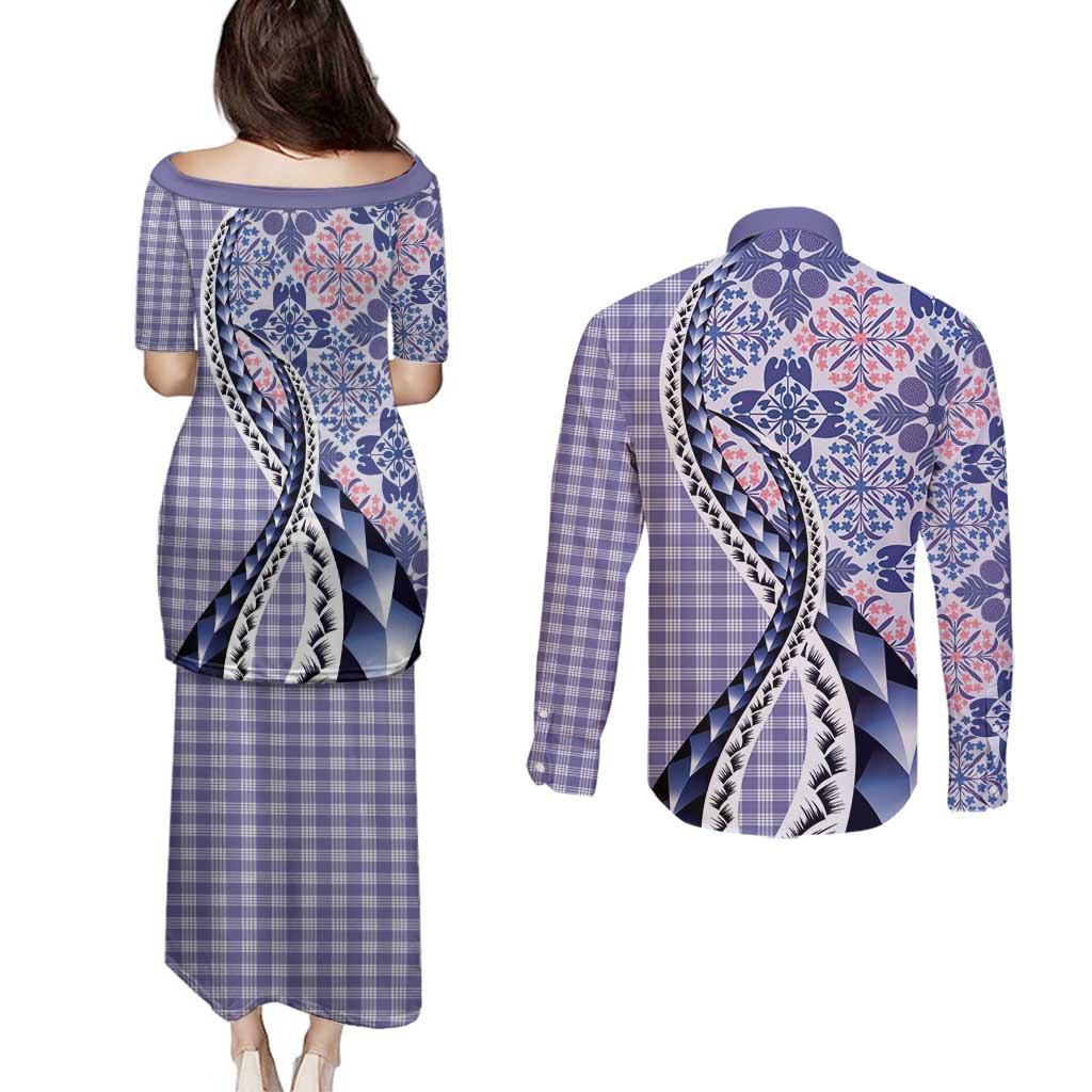 Aloha Vintage Palaka Floral Hawaiian Quilt Couples Matching Puletasi and Long Sleeve Button Shirt Poni Motif LT9 - Polynesian Pride