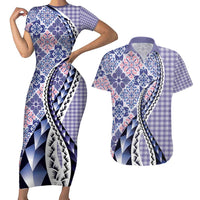 Aloha Vintage Palaka Floral Hawaiian Quilt Couples Matching Short Sleeve Bodycon Dress and Hawaiian Shirt Poni Motif LT9 Purple - Polynesian Pride
