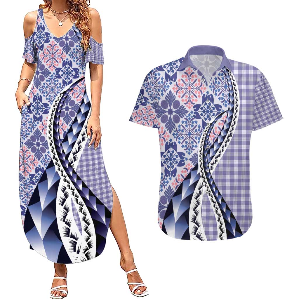 Aloha Vintage Palaka Floral Hawaiian Quilt Couples Matching Summer Maxi Dress and Hawaiian Shirt Poni Motif LT9 Purple - Polynesian Pride