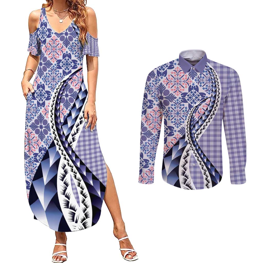 Aloha Vintage Palaka Floral Hawaiian Quilt Couples Matching Summer Maxi Dress and Long Sleeve Button Shirt Poni Motif - Polynesian Pride