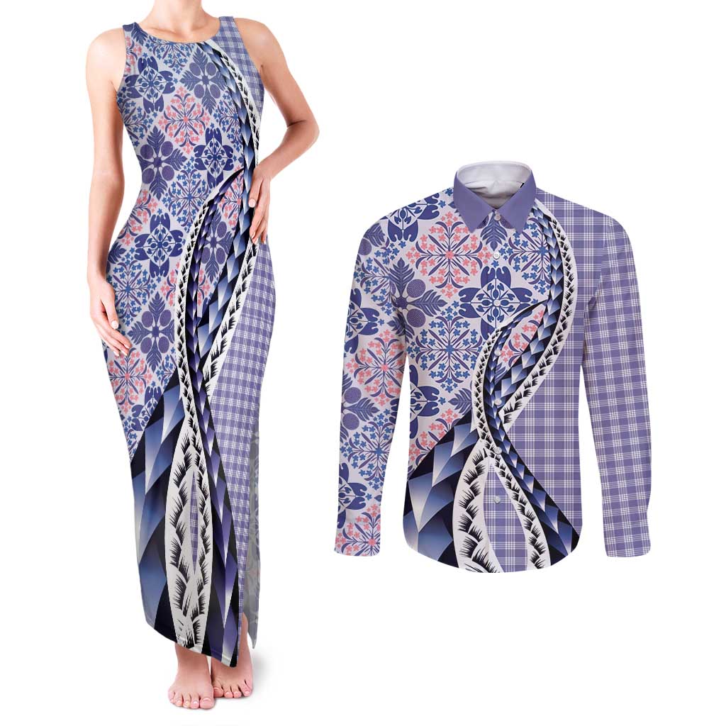 Aloha Vintage Palaka Floral Hawaiian Quilt Couples Matching Tank Maxi Dress and Long Sleeve Button Shirt Poni Motif LT9 Purple - Polynesian Pride