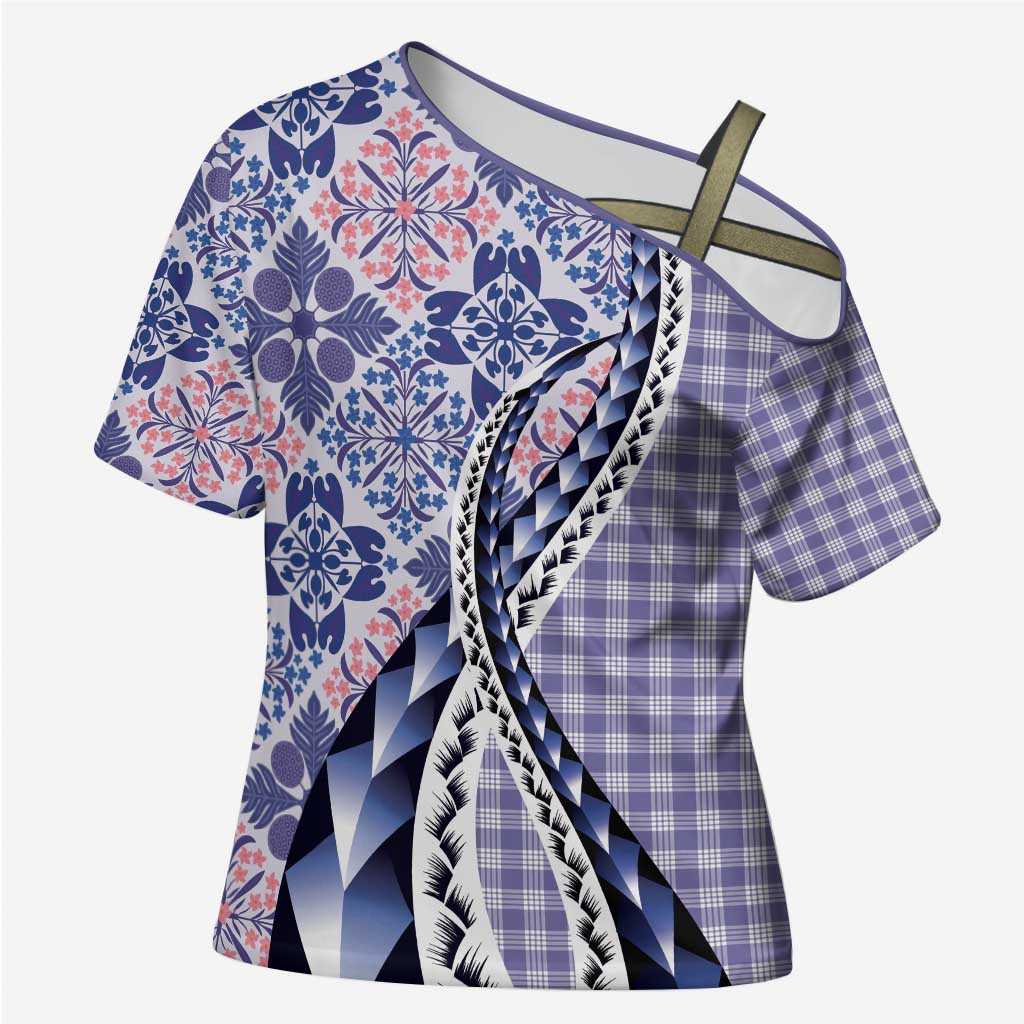 Aloha Vintage Palaka Floral Hawaiian Quilt Cross Shoulder Shirt Poni Motif LT9 Female Purple - Polynesian Pride